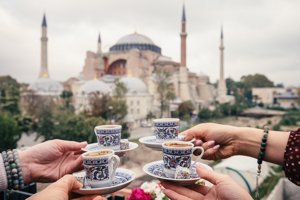 Drinking Turkish Coffee with a view of Hagia Sophia