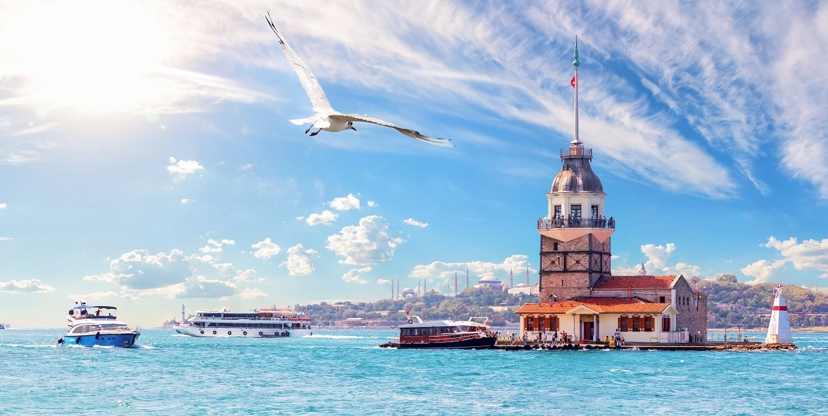 Maiden Tower with seagulfs flying Maiden Tower with seagulfs flying