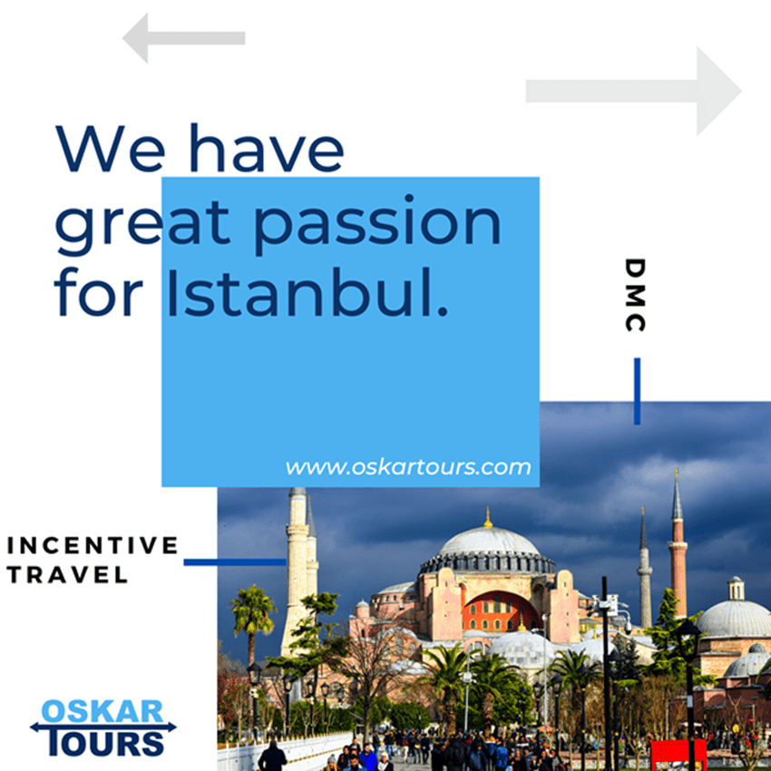 Oskar Tours promotional graphic with Hagia Sophia and the slogan We have great passion for Istanbul, highlighting incentive travel and DMC services during the 2026 UEFA Europa League Final