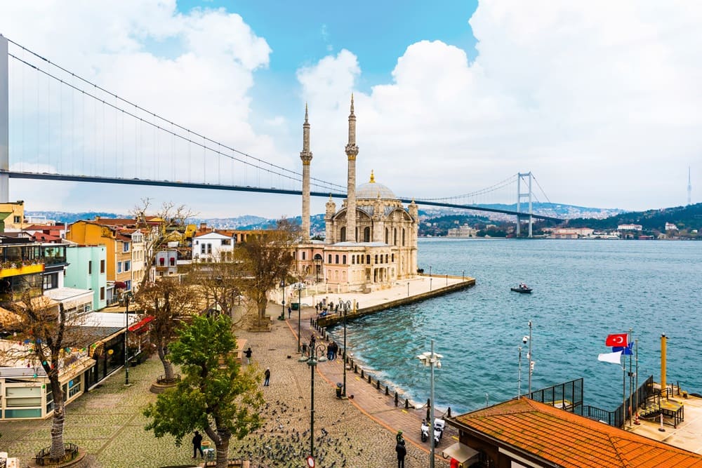 Ortaköy Mosque with the Bosphorus Bridge in the background, a famous Istanbul spot near the 2026 UEFA Europa League Final stadium