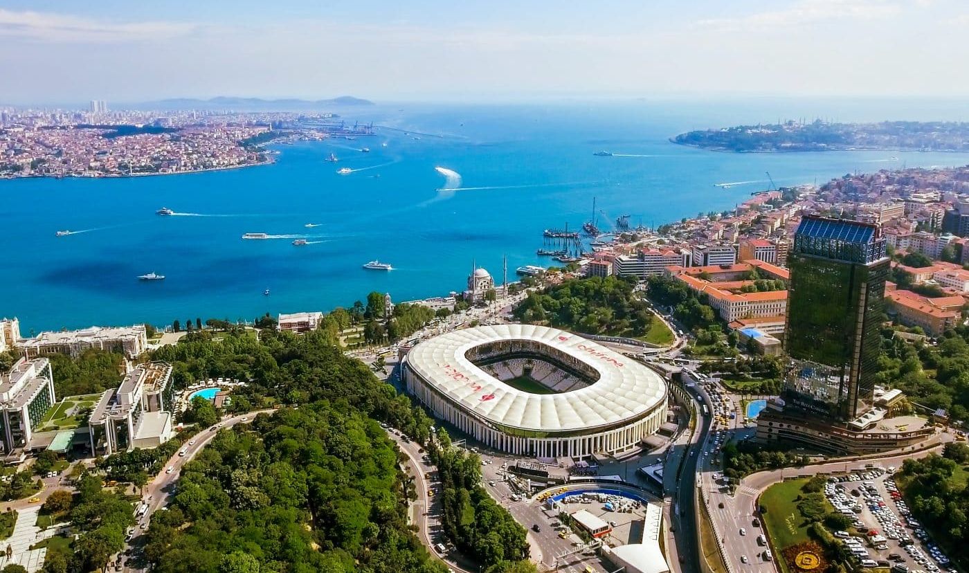 Aerial view of Beşiktaş Park stadium in Istanbul with the Bosphorus in the background, venue of the 2026 UEFA Europa League Final in Istanbul