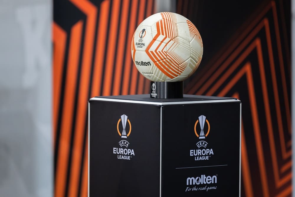 Official UEFA Europa League match ball on display with tournament branding, symbolizing the 2026 final in Istanbul