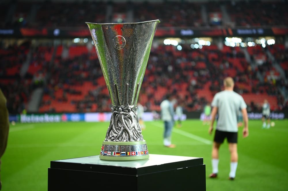 UEFA Europa League trophy displayed on the pitch before a match, symbolizing the prize awaiting the champions of the 2026 final in Istanbul
