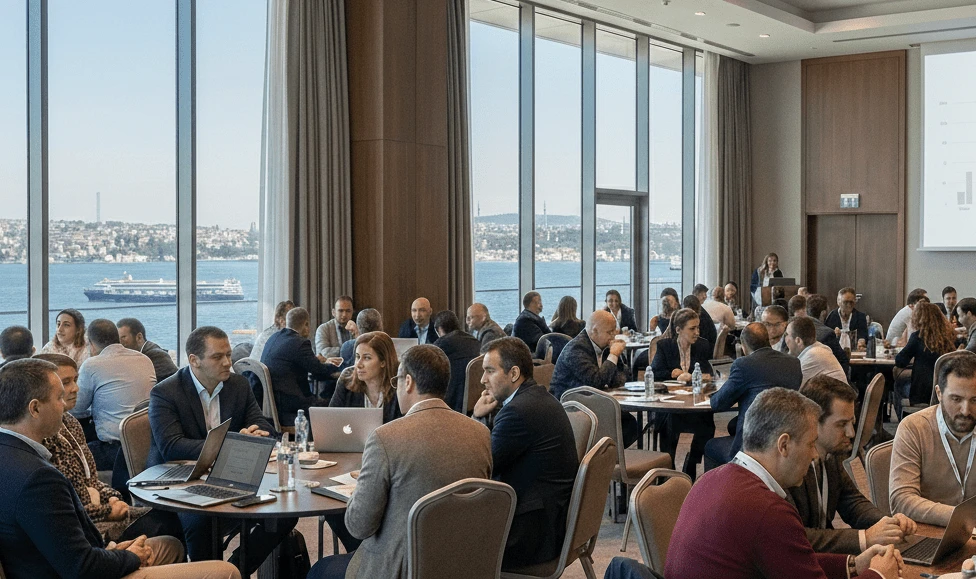 Corporate meeting and conference session in Istanbul with international delegates in a modern waterfront venue at the Bosphorus