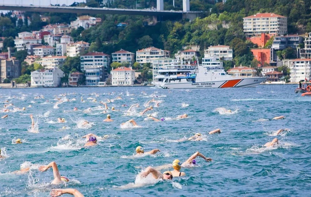 bosphorus cross continental swimming race istanbul Swimmers crossing the Bosphorus during the Cross-Continental Swimming Race in Istanbul