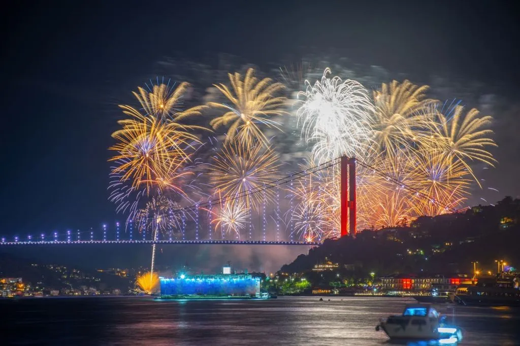 bosphorus fireworks istanbul celebration Fireworks over the Bosphorus during a major celebration in Istanbul