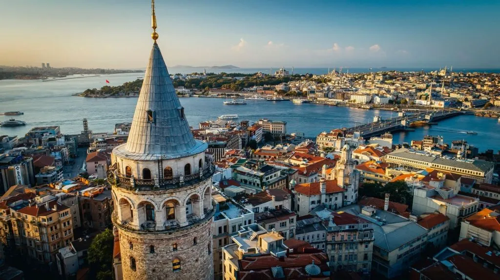 galata tower bosphorus istanbul city view Aerial view of Galata Tower and the Bosphorus in Istanbul