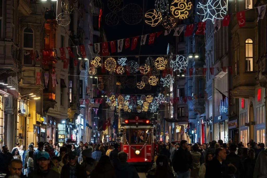 istiklal street evening crowd istanbul Evening crowd on Istiklal Street during a busy event period in Istanbul